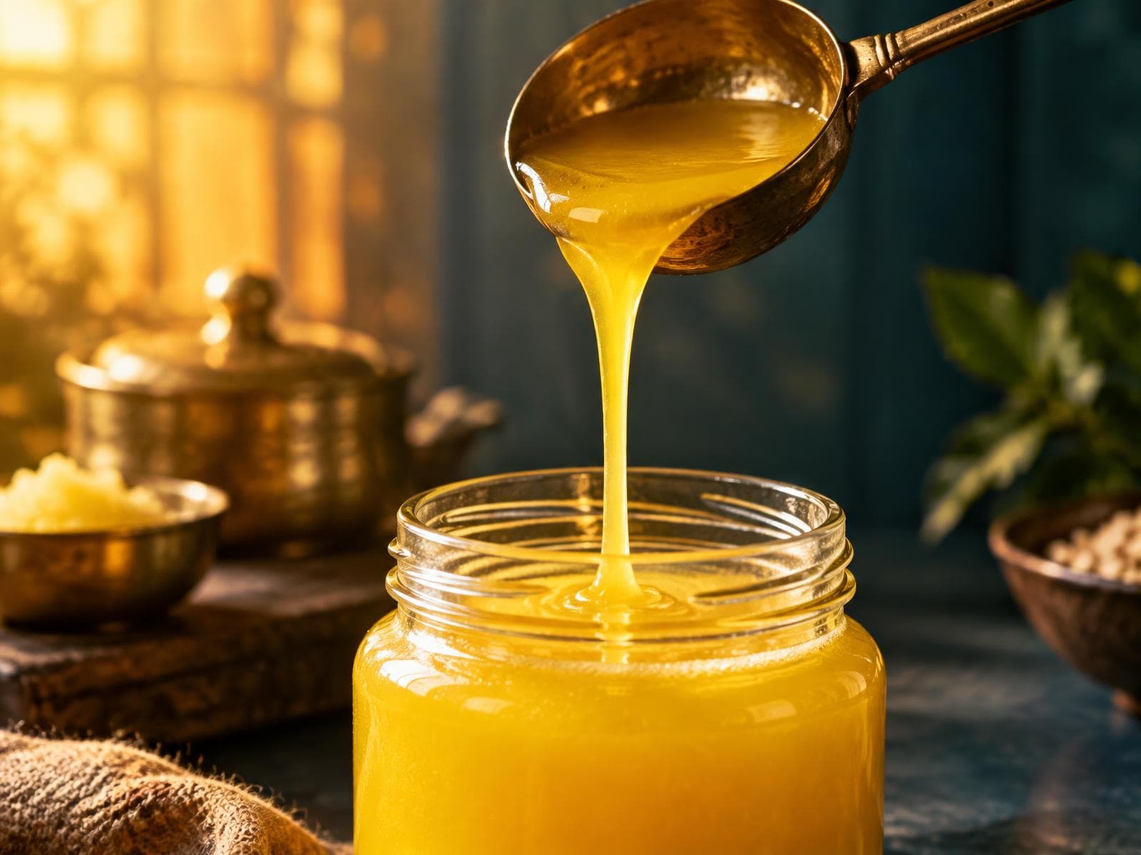 Golden ghee simmering slowly in a brass pot